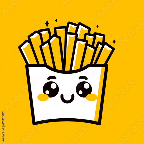 A cheerful cartoon container of fries on a bright yellow background