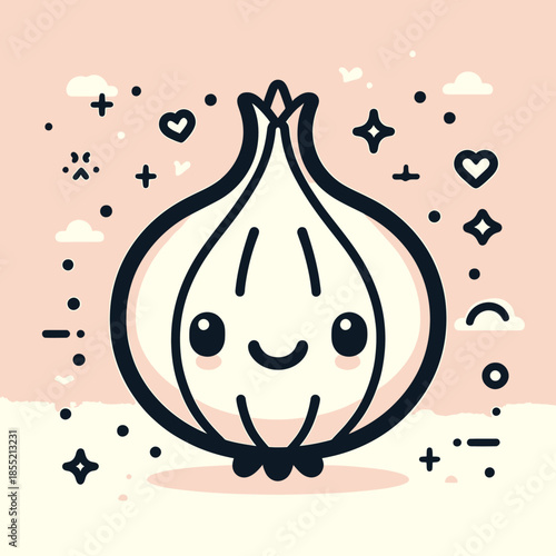 A cheerful cartoon garlic bulb surrounded by whimsical symbols on a soft pink background