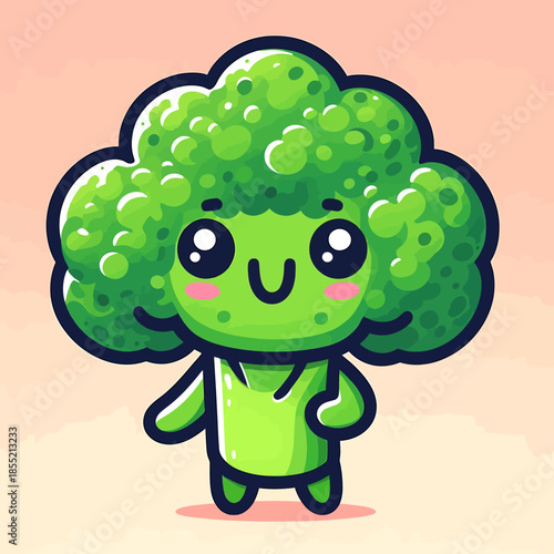 A cartoon broccoli character giving a thumbs up with a smiling face on a pink background