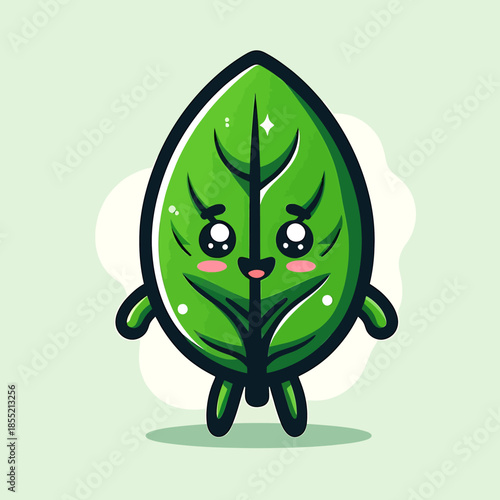 A cartoon leaf character with a smiling face and anthropomorphic features standing on a light green background