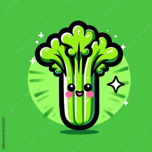 A cartoon broccoli with a smiley face on a green background, surrounded by sparkles and a star