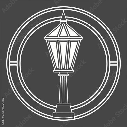 Vector design of a vintage street lamp in a circular frame, ideal for urban decor and branding