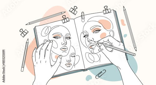 Creative process of artist drawing beautiful female portraits in sketchbook with pencils and clips on desk in top view.