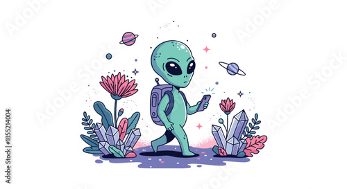 Small green alien with a backpack walking through space crystals and flowers while looking at a smartphone screen.