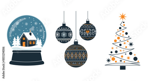Festive christmas set including a snow globe with a cozy house, decorated ornaments, and a minimalist stylized tree.