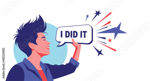 Stylized illustration of a happy person with a mohawk hairstyle celebrating success while holding a speech bubble saying I did it.