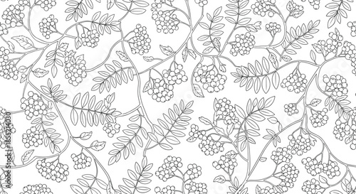 Seamless floral pattern of rowan berries and leaves in a detailed black and white line art style for textiles or coloring.