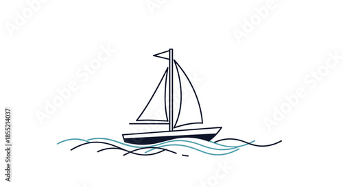 Simple minimalist line art illustration of a sailboat floating on stylized ocean waves against a plain white background.