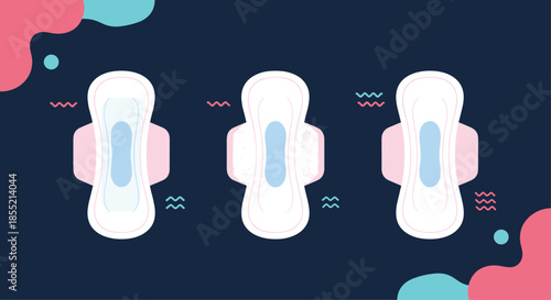 Illustration of three different types of sanitary pads shown on a dark blue background with decorative abstract shapes.