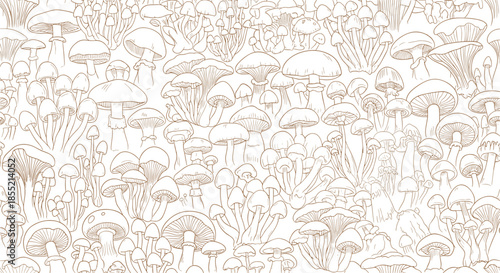 Detailed monochromatic line art pattern of various wild mushrooms and fungi covering the entire frame for coloring or backgrounds.