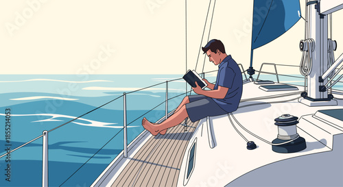 Man sitting on the deck of a sailboat and reading a book while sailing across the calm blue ocean waters.