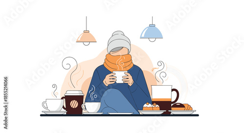 Person in warm winter clothing enjoying a hot cup of coffee at a table filled with various hot beverages and delicious pastries.