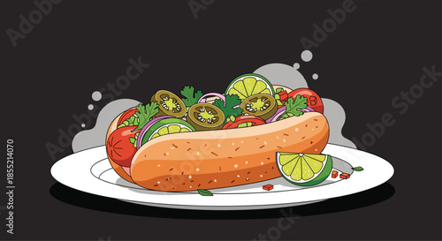 Detailed illustration of a gourmet hot dog loaded with various toppings like jalapenos, onions, and cilantro on a white plate.