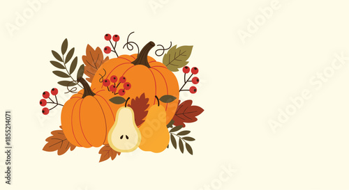 Autumnal illustration of bright orange pumpkins, ripe pears, colorful fall leaves, and red berries on a light background.