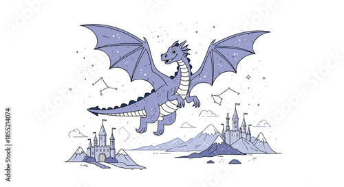 Illustration of a large purple dragon flying gracefully over medieval castles and snowy mountains under a starry sky.