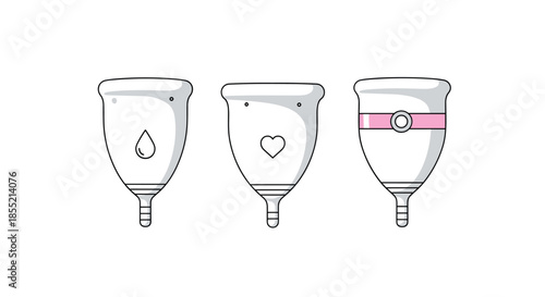 Three menstrual cups with different designs including a droplet, a heart, and a pink band symbol on a white background.