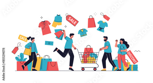 Group of people shopping excitedly while surrounded by shopping bags, carts, and floating sale and discount tags.