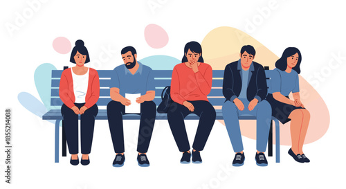 Diverse group of people sitting together on a bench with different facial expressions and body language in a minimalist style.