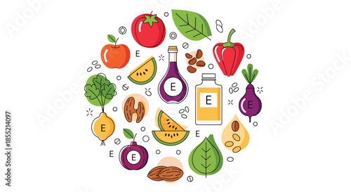 Information graphic showing a variety of foods rich in vitamin E arranged in a circular composition on a white background.