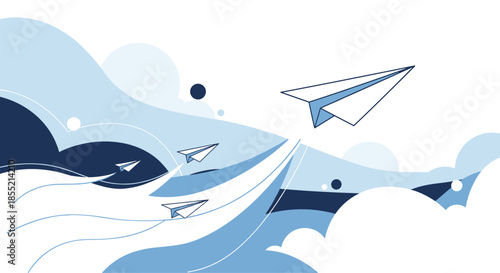 Dynamic illustration of paper airplanes soaring through abstract clouds and blue wave shapes in artistic sky background.