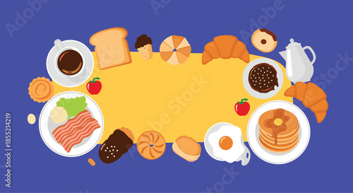 Healthy breakfast border frame featuring pancakes eggs bacon bread and coffee around bright yellow copy space for advertising.