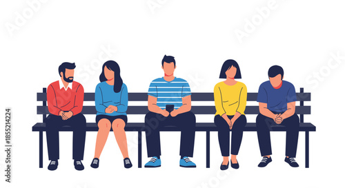 Diverse group of people sitting on long wooden bench in casual clothing appearing bored or waiting patiently in public space.