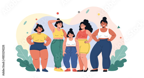 Group of diverse women of different body types and ethnicities standing together promoting body positivity and self acceptance.