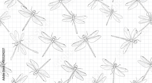 Vintage style pattern of hand drawn dragonflies on technical grid paper background for scientific research and illustration.