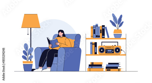 Relaxed young woman reading book in comfortable armchair in cozy living room with bookshelf and vintage radio in background.