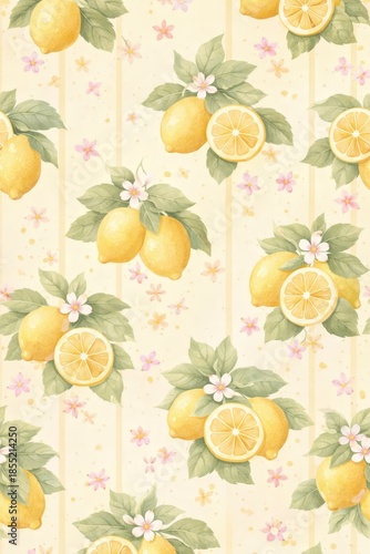 Watercolor lemon pattern with leaves on pastel background