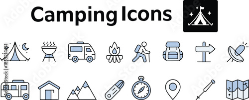 Camping, icons, vector, illustration, sketch, outline, tent, campfire, camper, backpack, compass, map, flashlight, knife, lodge, mountain, trailer, location, adventure, nature, equipment