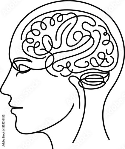 Line drawing of human head in profile with visible brain illustration outline