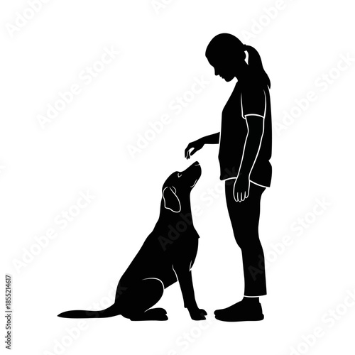Loyal dog looking at owner silhouette, Valentine pet love vector