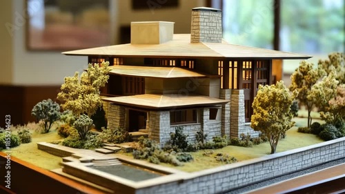 Architectural model of a modern prairie house with landscaped surroundings.