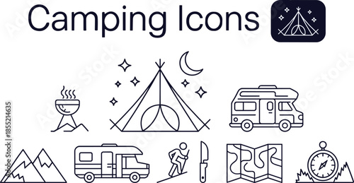 Camping, icons, vector, illustration, sketch, outline, tent, grill, camper, trailer, mountain, hiking, knife, map, compass, gear, outdoor, travel, adventure, nature, equipment