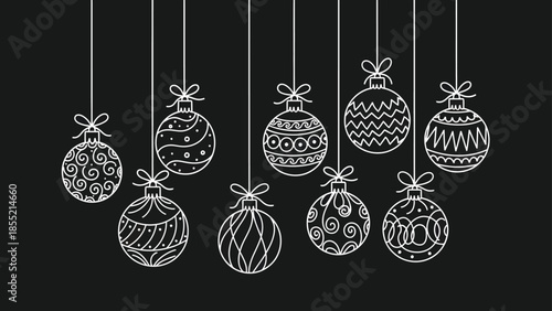 White line Christmas ornaments hanging on strings against a black background ornament