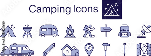 Camping, icons, vector, illustration, sketch, outline, tent, campfire, camper, backpack, compass, map, knife, flag, trailer, satellite, pencil, location, nature, adventure, equipment