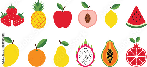 Colorful Flat Fruit Icon Set Featuring Strawberry, Pineapple, Apple, Peach, Lemon, Watermelon, Mango, Papaya, Dragon Fruit, and Citrus for Food and Nutrition Design