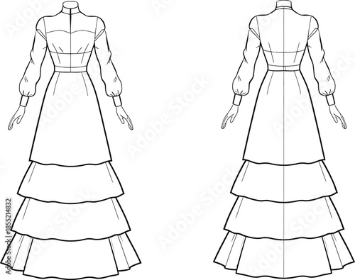 Elegant tiered gown fashion illustration Vector