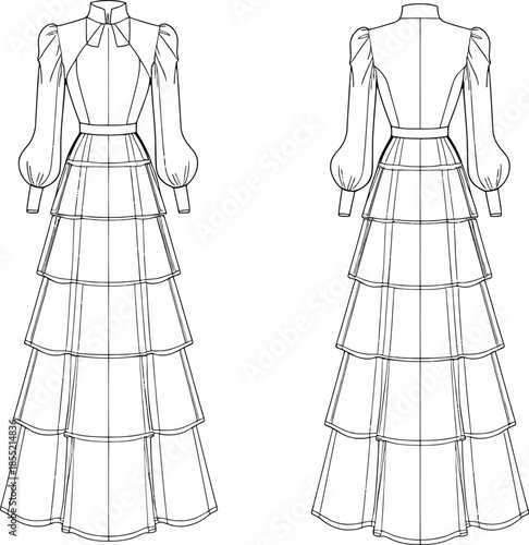 Elegant tiered evening gown design sketch Vector