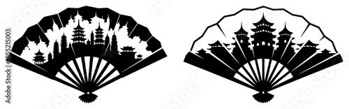 Asian Pagoda Landscape Folding Hand Fan Vector – Traditional Temple Silhouette Panorama, Decorative Oriental Souvenir Illustration