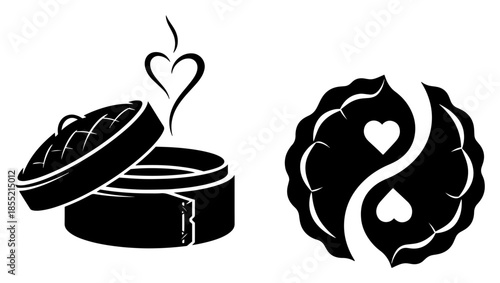Chinese Mooncake Vector – Traditional Mid-Autumn Pastry with Heart Steam and Yin Yang Filling Silhouette, Festive Dessert Icon Illustration