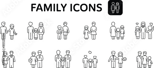 Family, icons, vector, illustration, sketch, outline, parents, children, love, heart, hug, bonding, unity, relationship, care, support, emotion, togetherness, parenting, affection, connection
