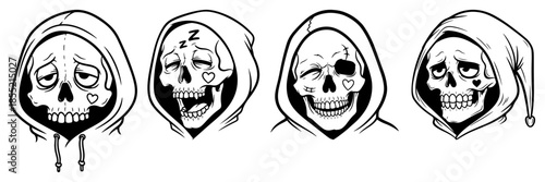 Set of Grim Reaper Emoji Faces Vector – Collection of Hooded Skull Expressions with Hearts, Tears and Smiles for Halloween Sticker Pack or Dark Chat Icons