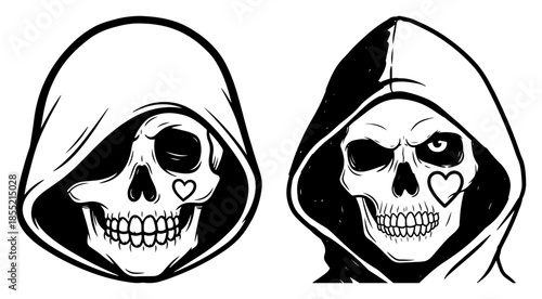 Hooded Skull with Heart Cheeks Vector – Stylized Grim Reaper Portrait Silhouette for Gothic Tattoo, Halloween Sticker or Dark Rock Band Logo