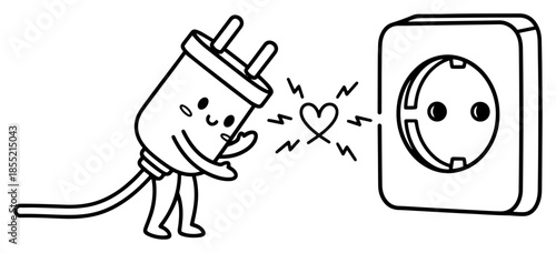 Cute Cartoon Power Plug and Outlet Vector – Smiling Electrical Connection with Heart Sparks, Fun Energy Love Illustration for Eco-Friendly Poster