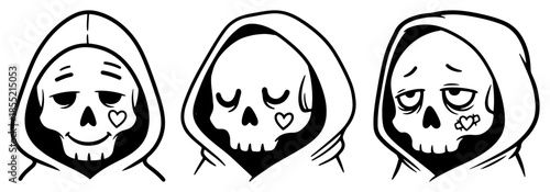 Cute Grim Reaper Emoticons Vector – Four Cartoon Hooded Skulls with Heart Eyes and Sad Faces, Fun Halloween Sticker or Dark Themed Social Media Reaction Icons