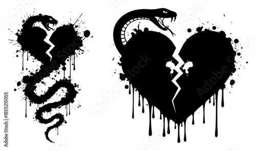 Broken Heart with Venomous Snake Vector – Grunge Dripping Love Symbol Silhouette, Perfect for Dark Romance Tattoo or Metal Album Design