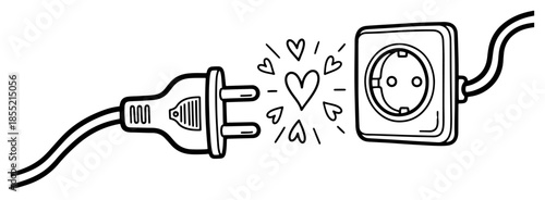 Electric Plug Approaching Socket with Love Sparks Vector – Romantic Power Connection Line Art for Valentine Card or Smart Home Technology Design