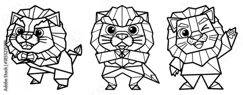 Set of Geometric Lion Dance Mascots Vector – Three Polygonal Lunar New Year Characters Waving Lucky Flags, Fun Asian Festival Icons